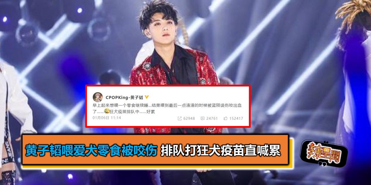 黄子韬喂爱犬零食被咬伤 排队打狂犬疫苗直喊累